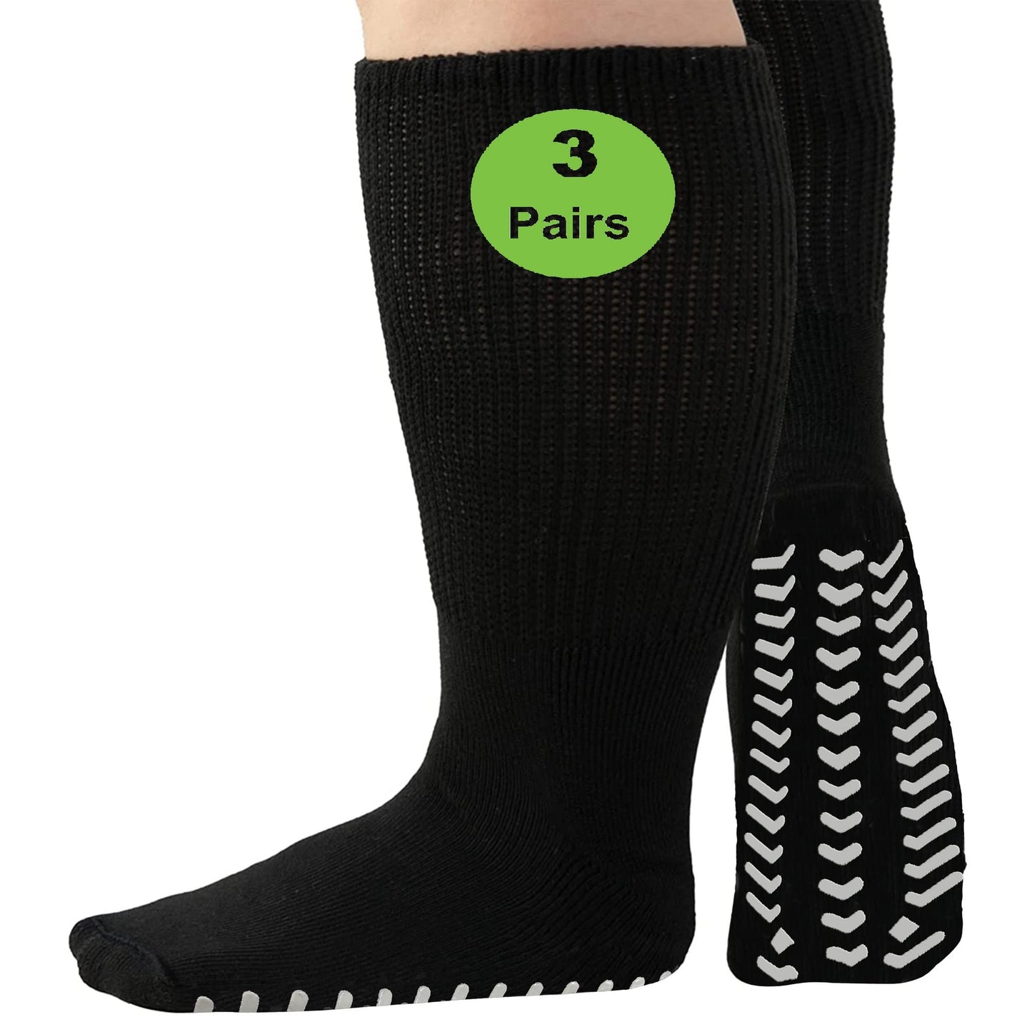 3 Pairs Extra Wide Bariatric Socks With Non Skid Grips For Edema And Lymphedema, Diabetic Edema Socks Men, Hospital Non Slip Soc