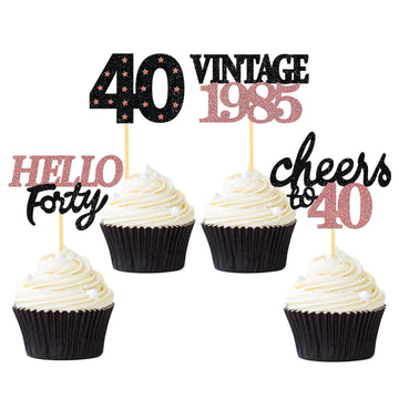 24 Pcs Glitter 40th Birthday Cupcake Toppers for Celebrating Forty Years Old Birthday Party Decorations (Black&Rose Gold)