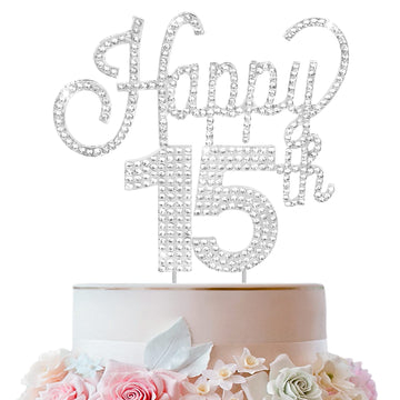 Lingteer Happy 15Th Birthday Silver Rhinestone Cake Topper - Cheers To 15Th Birthday Fifteen Years Old Party Cake Centerpieces T