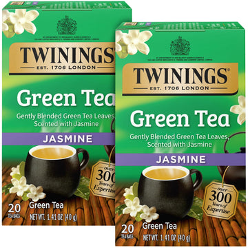 Twinings Green Tea With Jasmine, Individually Wrapped Bags, Fragrant Floral Scent, Caffeinated, Honey Stick Included, 20 Count,