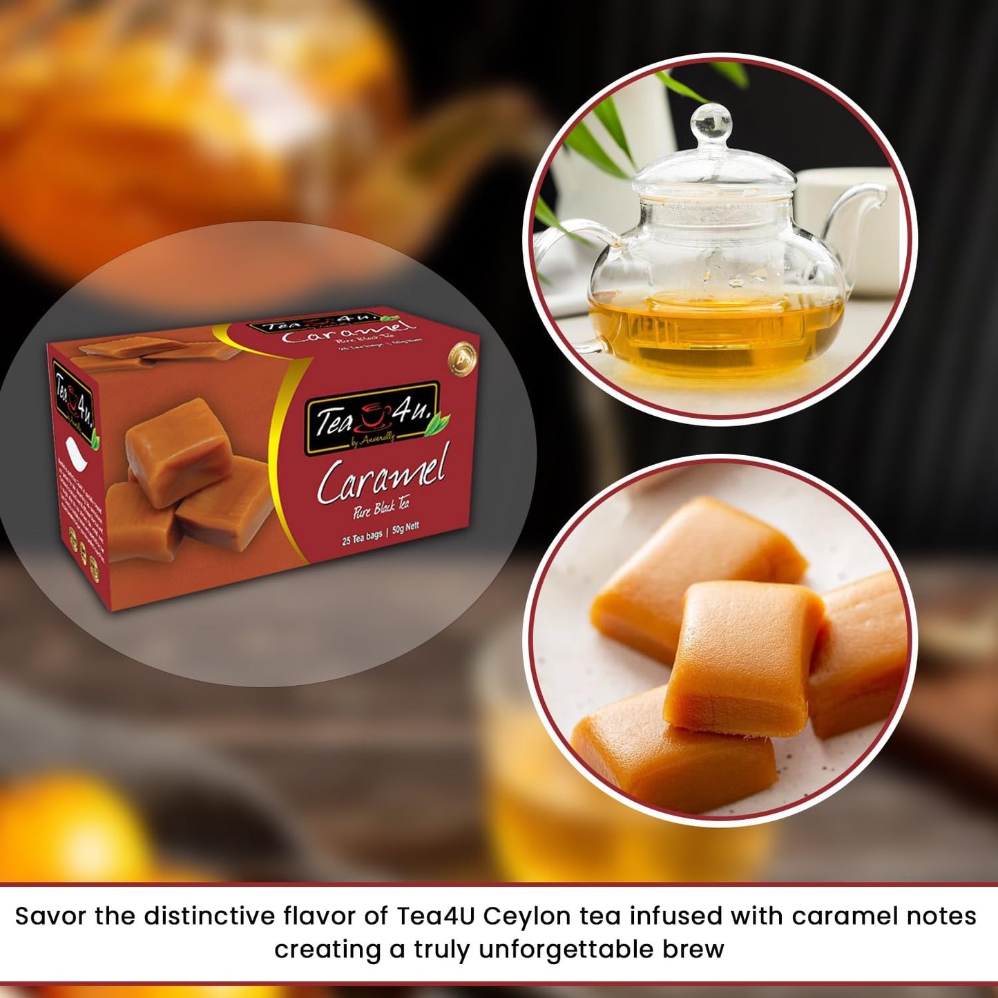 TEA 4U Flavored Black Tea Bags - Original Ceylon Tea, Caramel Flavor, 1 Count (Pack of 25)