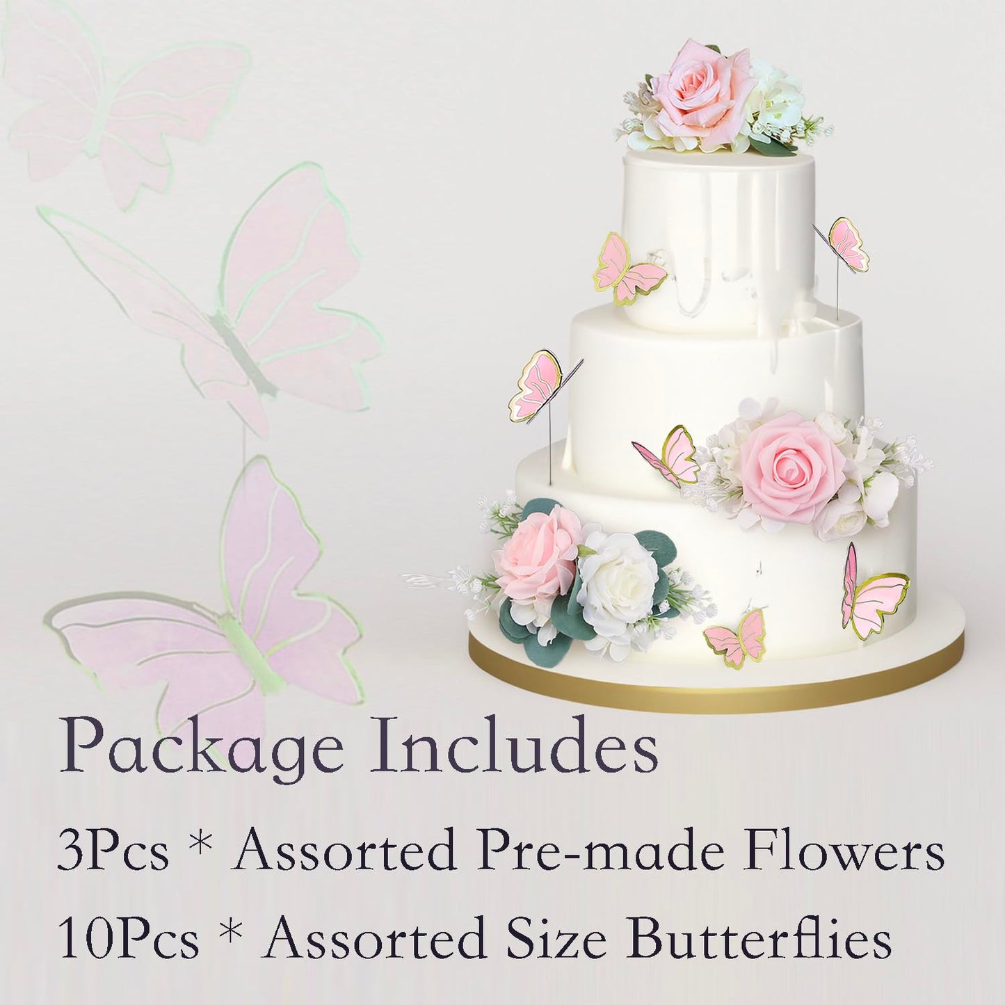 Rinlong 3Pcs Pre-Made Blush Pink Cake Flowers Decorations Flower Cake Topper Butterfly Cake Decorating Flowers For Wedding Sweet