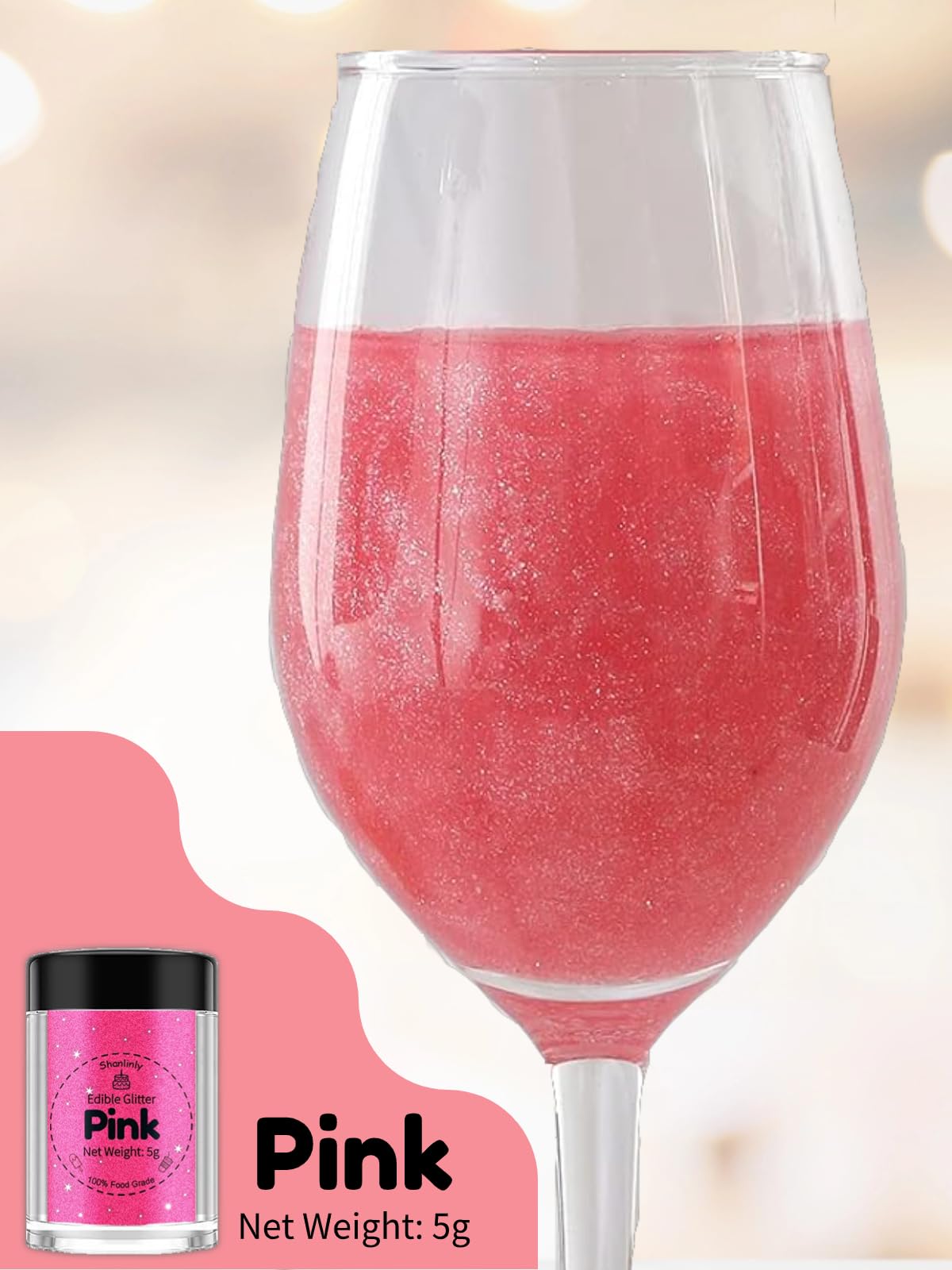 Shanlinly Pink Edible Glitter - Food Grade Shimmer Luster Dust for Cakes, Cocktails, Cupcakes, 5g