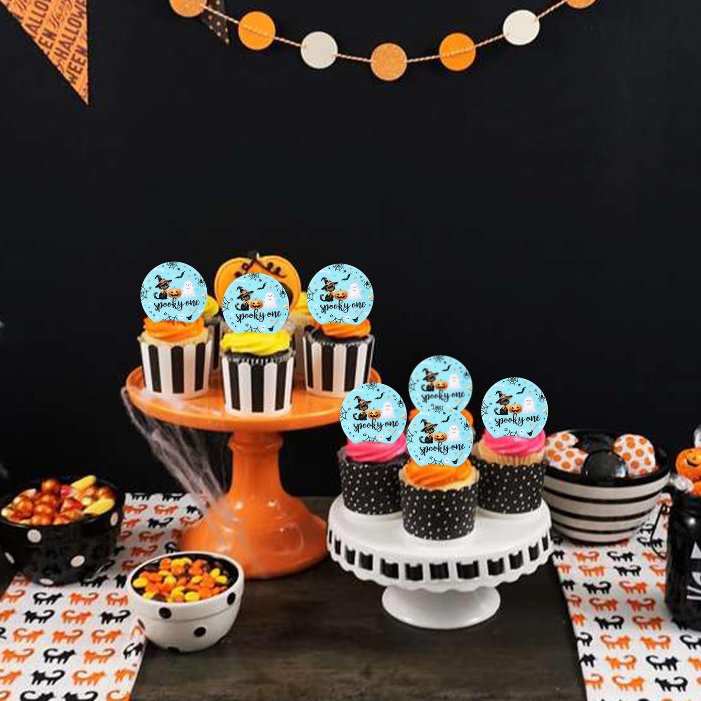 Ercadio 48Pcs Edible Halloween Cupcake Toppers - Cute Ghosts, Bats & Black Cats - Party Cake Decor - Blue