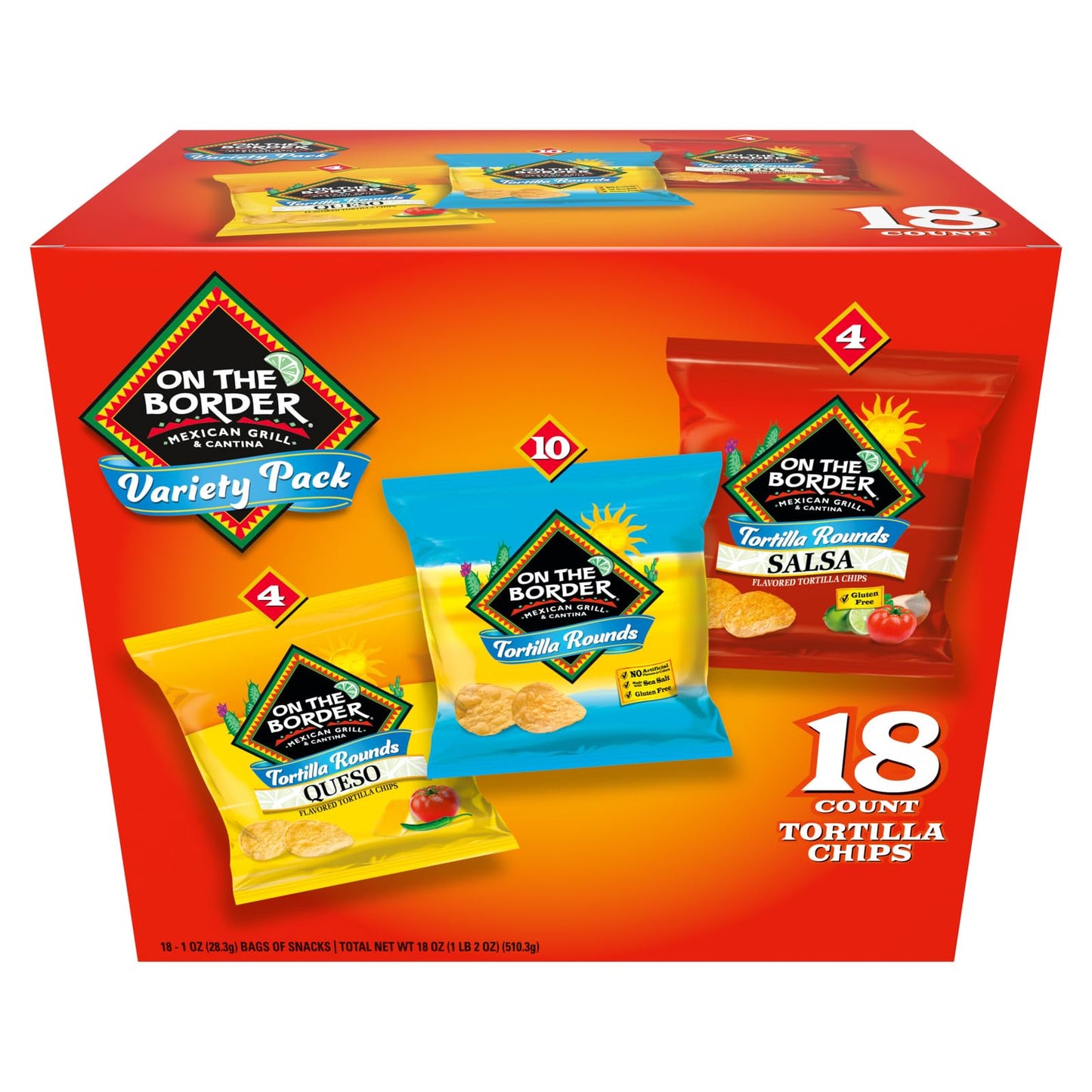 On The Border Tortilla Chips Variety Pack, 18 Count Single-Serve Bags (1 oz Each) - Includes Tortilla Rounds, Queso Flavored Tor