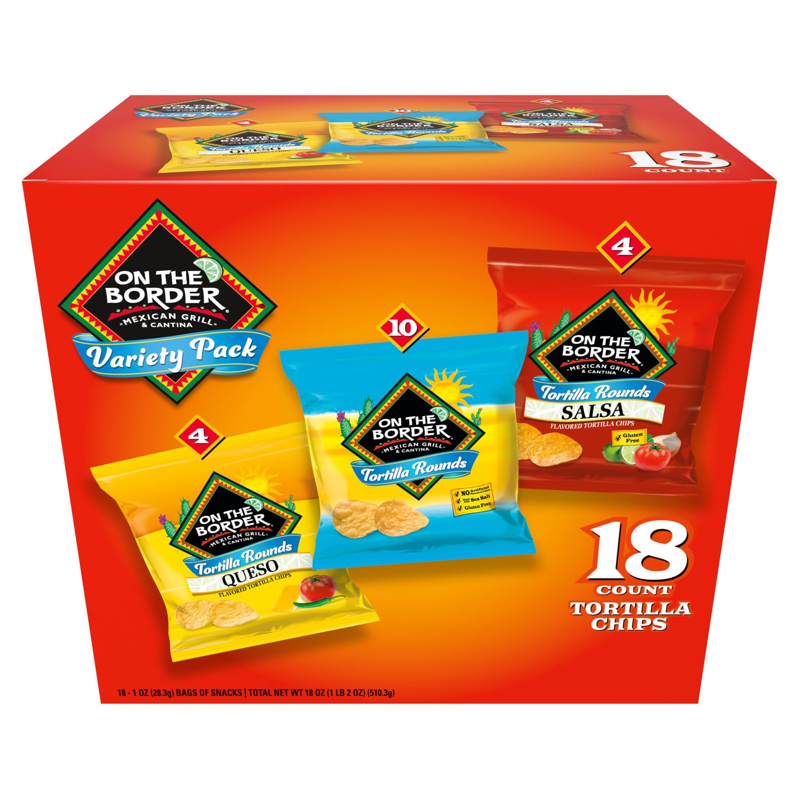 On The Border Tortilla Chips Variety Pack, 18 Count Single-Serve Bags (1 oz Each) - Includes Tortilla Rounds, Queso Flavored Tor