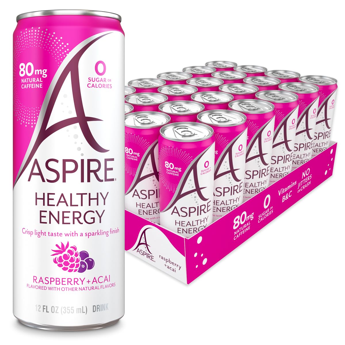 ASPIRE Raspberry Acai 24 Pack - Sugar Free  Natural Caffeine Low Caffeine Sparkling Drink - Keto Friendly - Refreshing Sparkling Boost