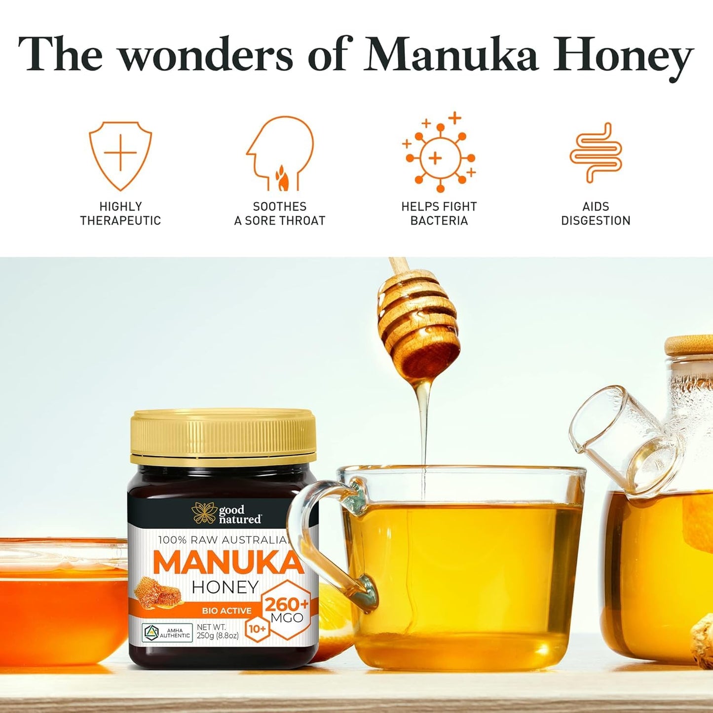 Good Natured Raw Manuka Honey MGO 260+ - 8.8oz (250g) - BPA Free Jar - Cold Extraction