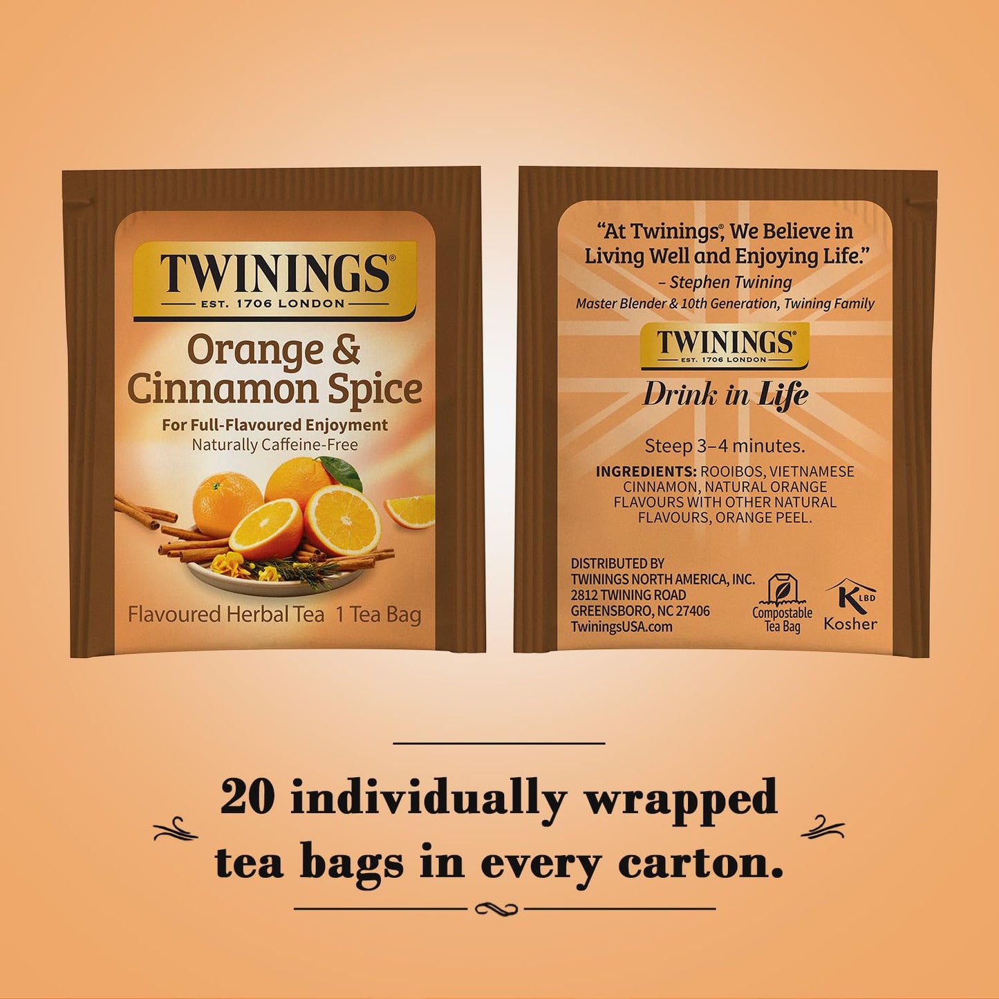 Twinings Herbal Tea Bags - Orange & Cinnamon Spice, Naturally Caffeine-Free, 20 Count, Individually Wrapped