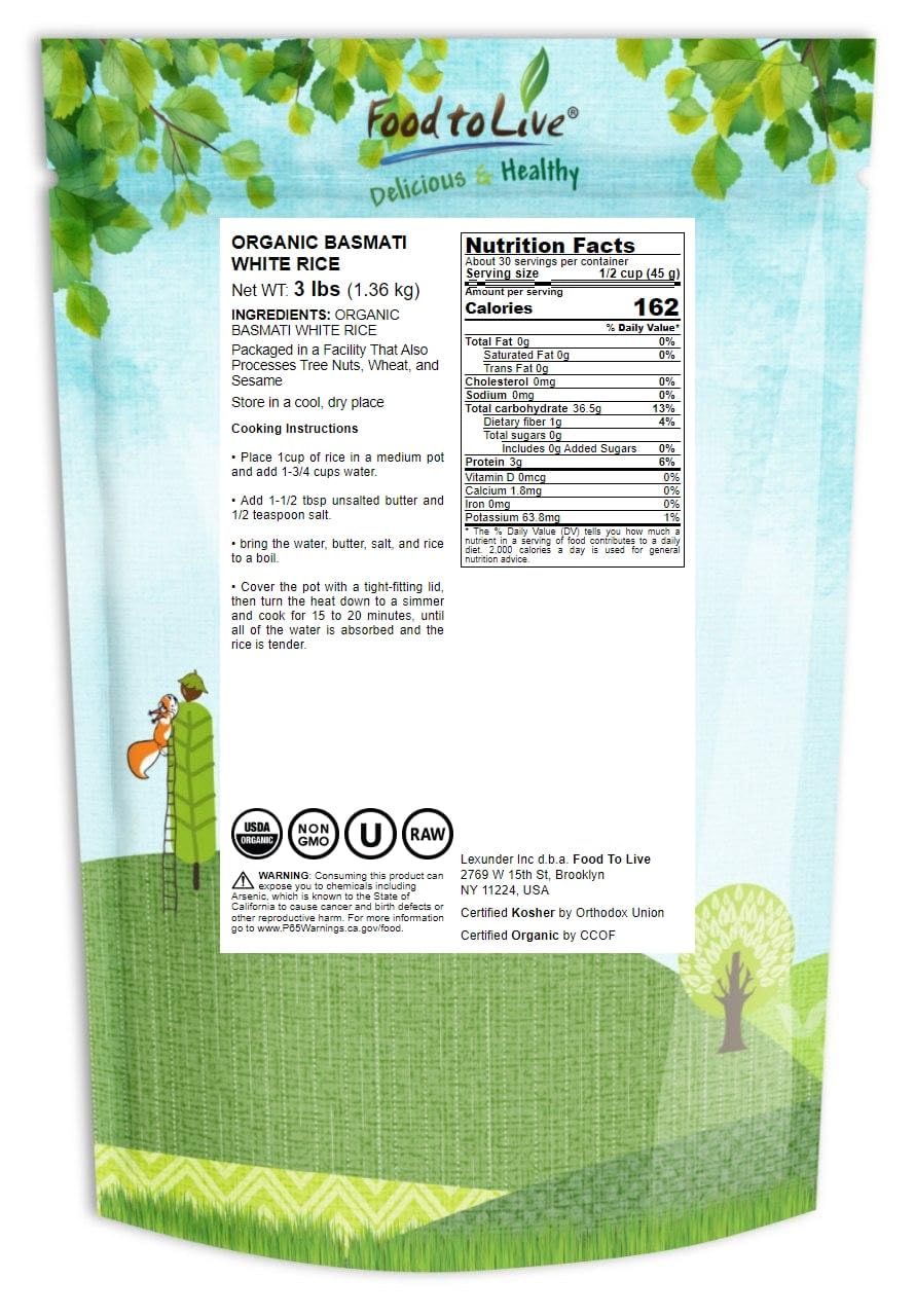 Food To Live Organic White Basmati Rice, 3 Pounds - Non-Gmo, Long-Grain Rice Variety, Fragrant, Kosher, Vegan, Bulk. Non-Irradia