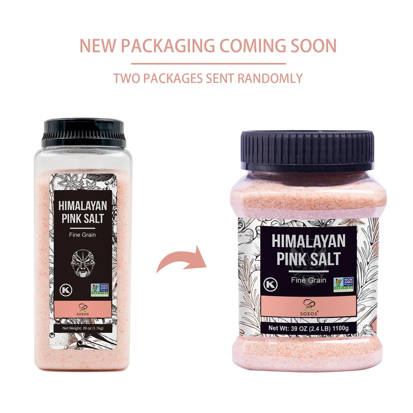 Soeos Himalayan Pink Salt, Fine Grain, 38.8oz (2.4 LB), Non-GMO, Pink Salt, Kosher Salt, Himalayan Rock Salt