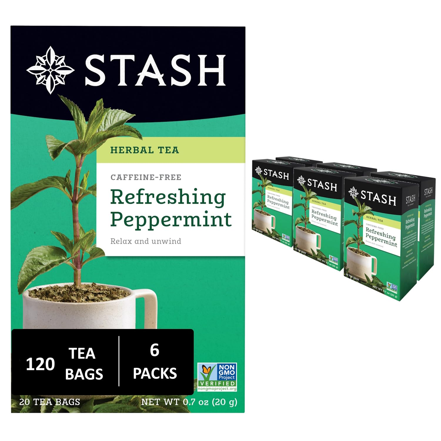 Stash Refreshing Peppermint Herbal Tea - Caffeine Free, Non-GMO, 20 Count (Pack of 6) - 120 Bags Total