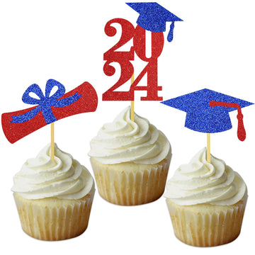 Graduation Cupcake Toppers Grad Party Decoration Food Picks Congrats Glitter Diploma Cap School Colors Supplies 24 Pcs Red Blue