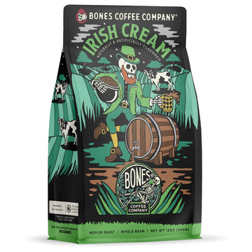 Bones Coffee Company Irish Cream Creamy Flavored Whole Coffee Beans Nutty Flavor | 12 Oz Medium Roast Low Acid Gourmet Coffee | Flavored Coffee Gifts & Beverages (Whole Bean)