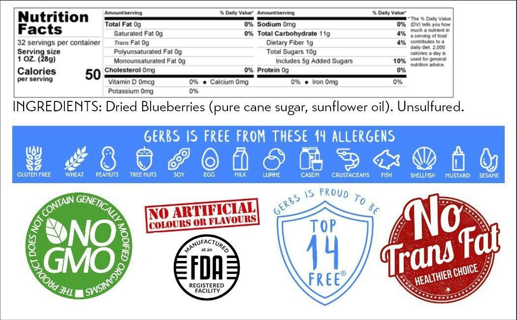 Gerbs Dried Blueberries 2 lbs. | Unsulfured, No Additives, Resealable Bag | Naturally Sweet & Tart | Top 14 Allergen-Free