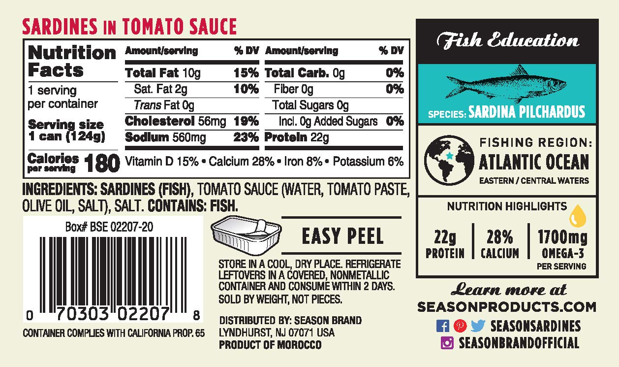 Season Sardines in Tomato Sauce - Wild Caught, 22g of Protein, Keto Snacks, More Omega 3's Than Tuna, Kosher, High in Calcium, C