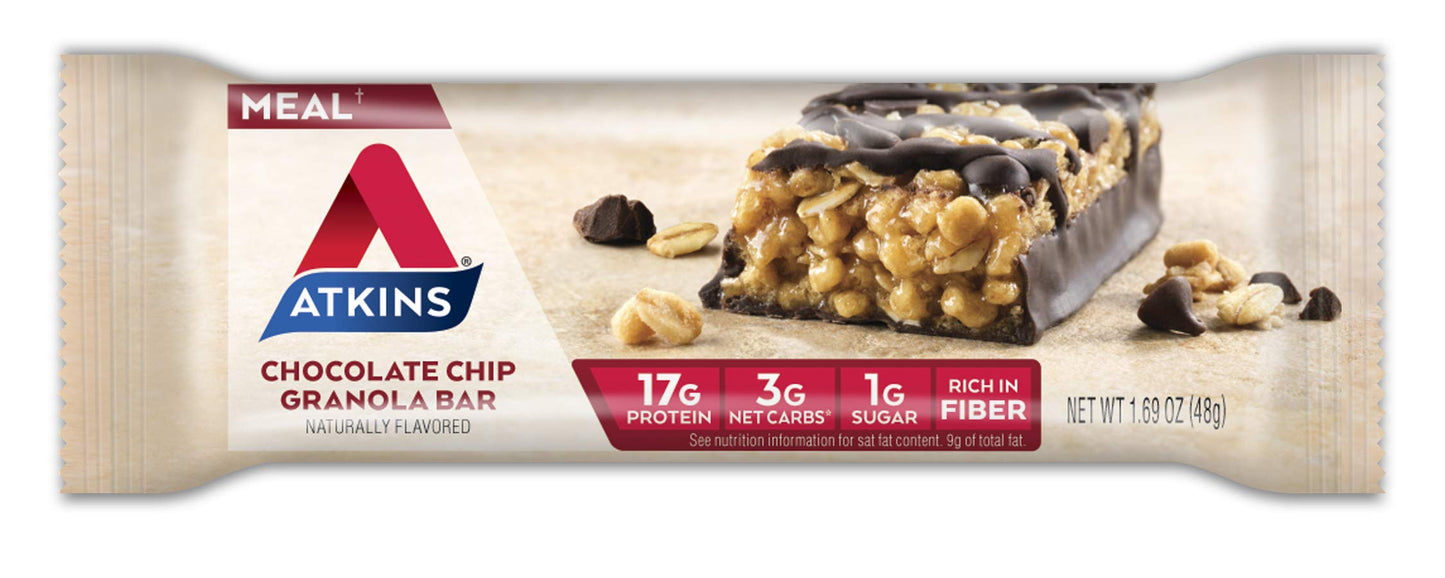 Atkins Chocolate Chip Granola Protein Meal Bar, High Fiber, 17g Protein, 1g Sugar, 3g Net Carbs, Meal Replacement, Keto Friendly