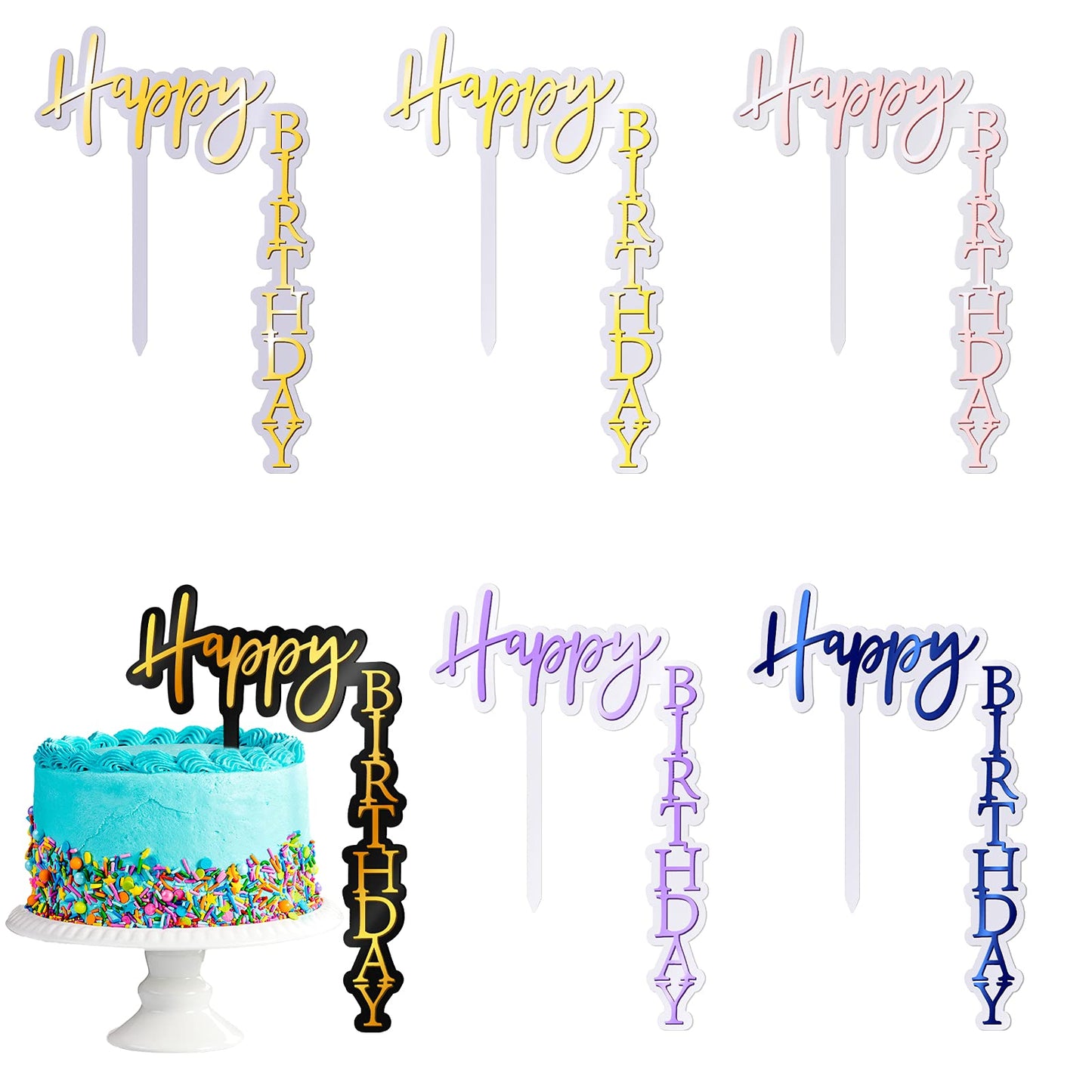 Quzzil Acrylic Cake Toppers - 6 Pieces, Right Angled Shape, Party Supplies, Gold/Rose Gold/Sapphire Blue/Purple