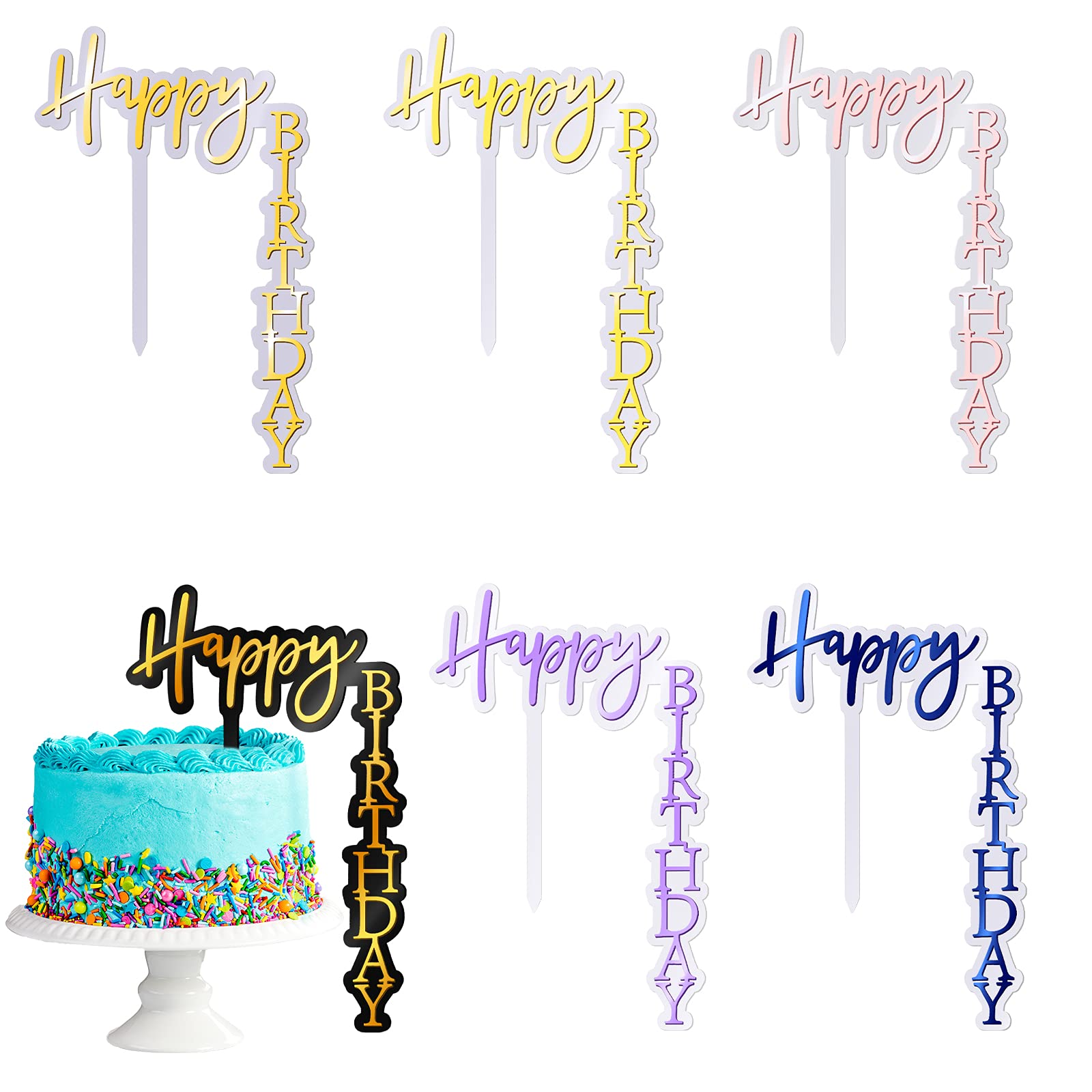 Quzzil Acrylic Cake Toppers - 6 Pieces, Right Angled Shape, Party Supplies, Gold/Rose Gold/Sapphire Blue/Purple