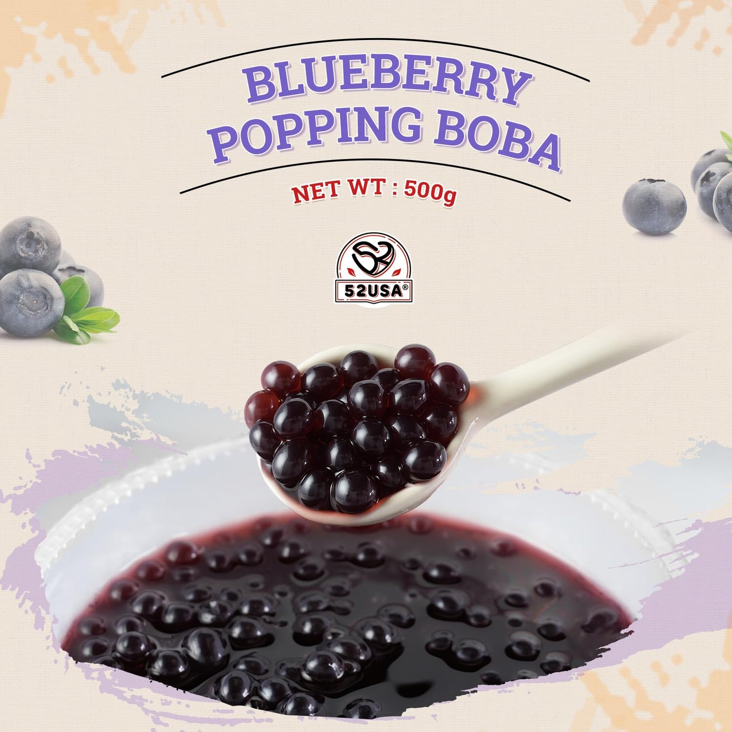 52USA Blueberry Popping Boba (500g)  Popping Pearls for Bubble Tea  Beverages  Sweets  Ice Cream  Shakes  Desserts & Smoothies Topping  1.1 Pound (Pack of 1)