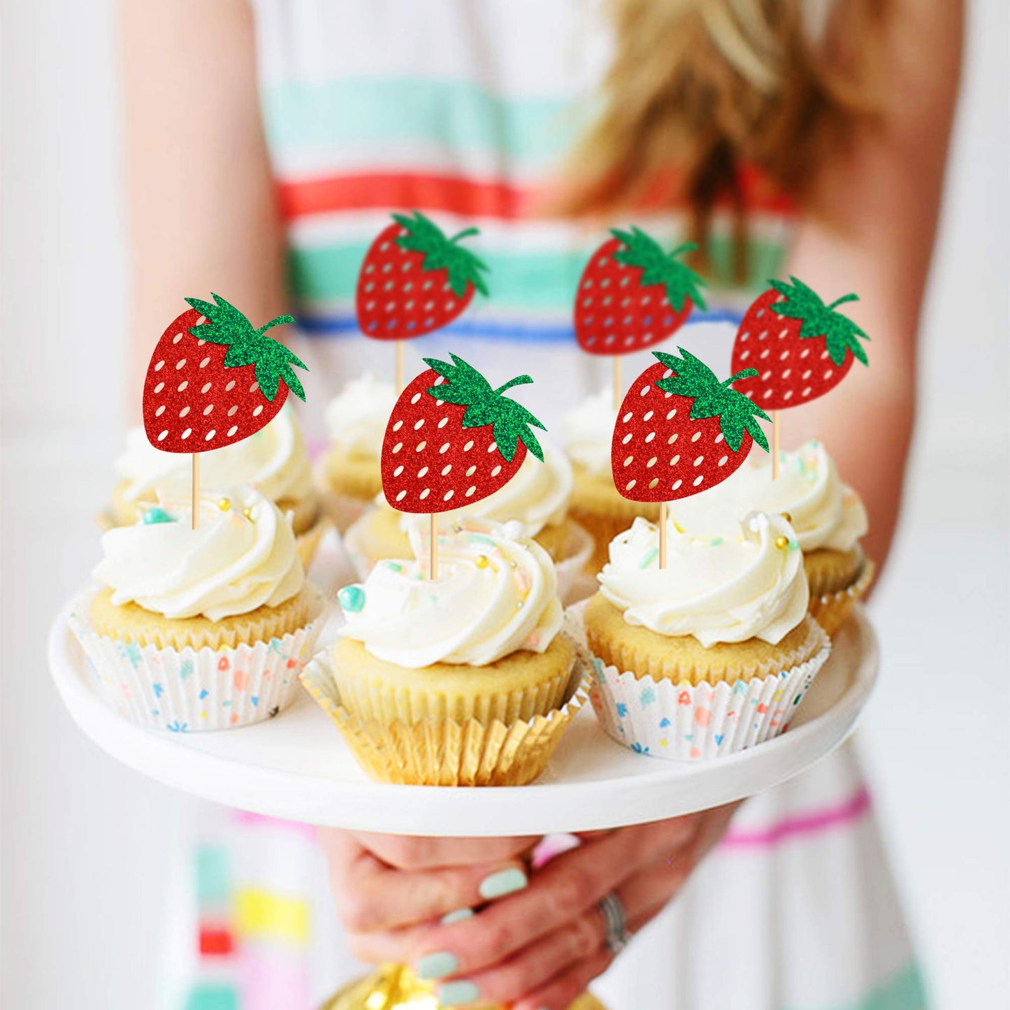 Keaziu Strawberry Cupcake Toppers, 36 Pack, Red, Paper, Party Decorations for Birthday, Wedding, Baby Shower, Summer Garden
