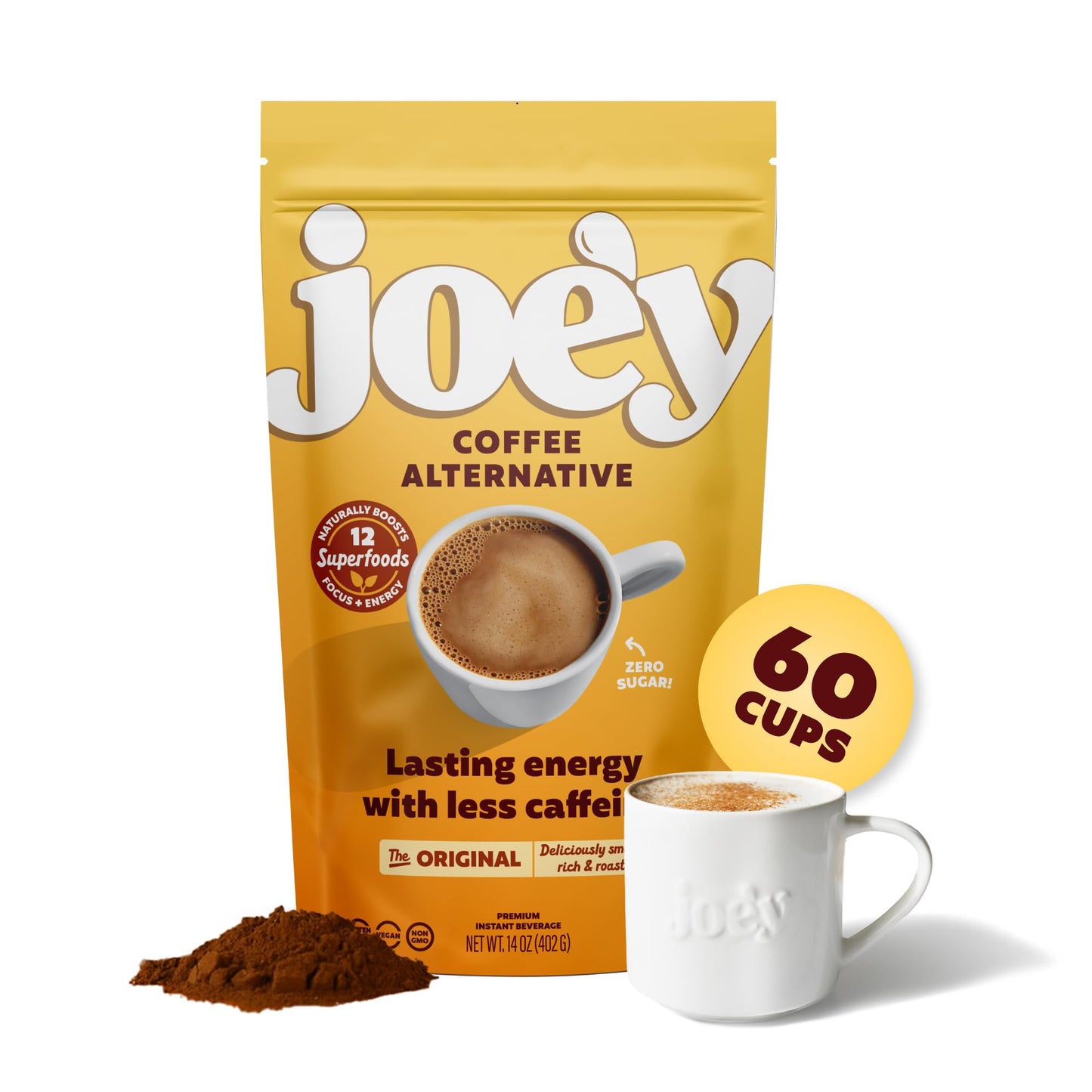 JoeY Mushroom Coffee Alternative With Cacao And Dandelion Root  Chicory Coffee Substitute With Adaptogenic Superfoods  Vegan Gluten-Free Drink For Focus And Clean Energy Without Jitters  60 Servings