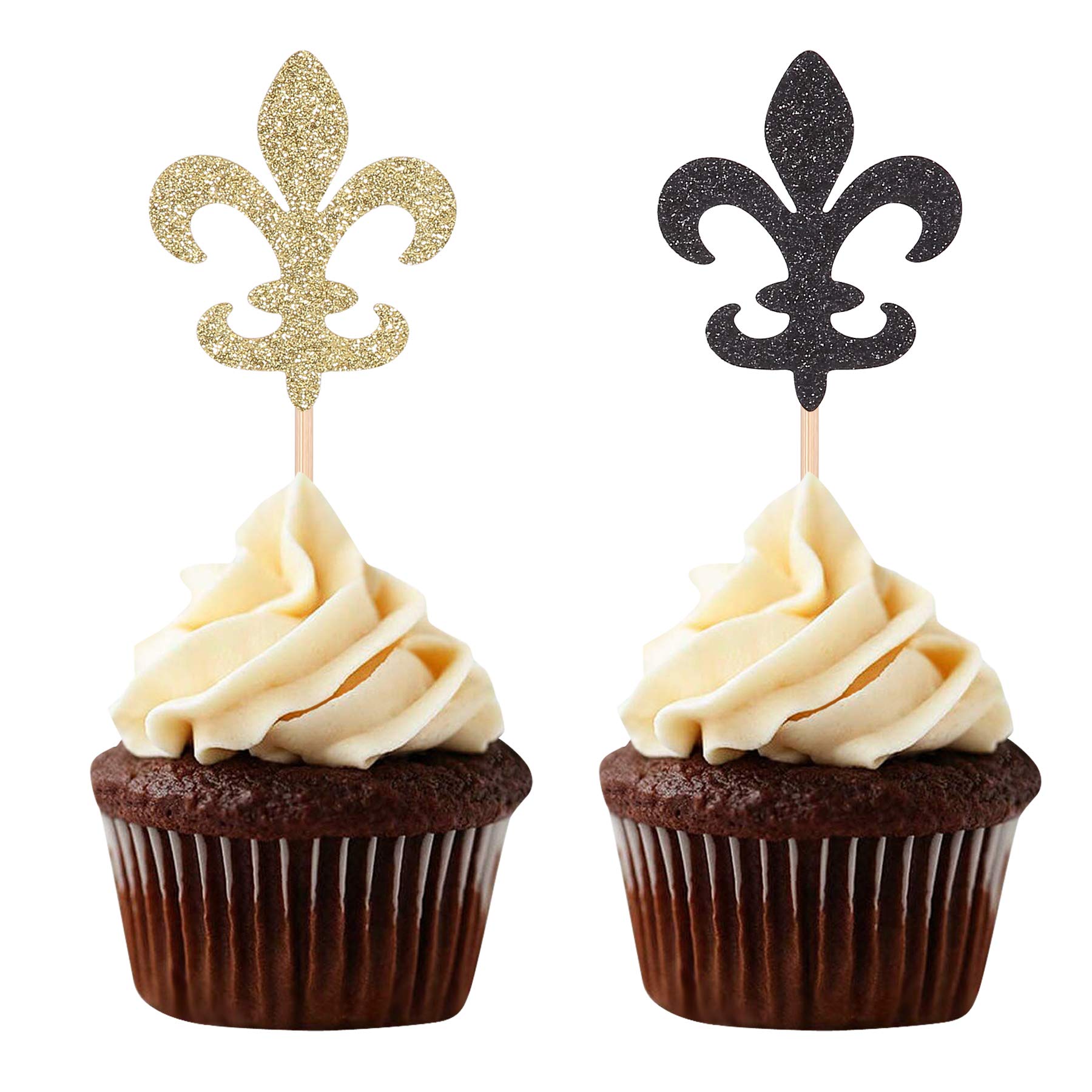 Black And Gold Fleur De Lis Cupcake Toppers French Party Birthday Picks Decorations - 24 Counts
