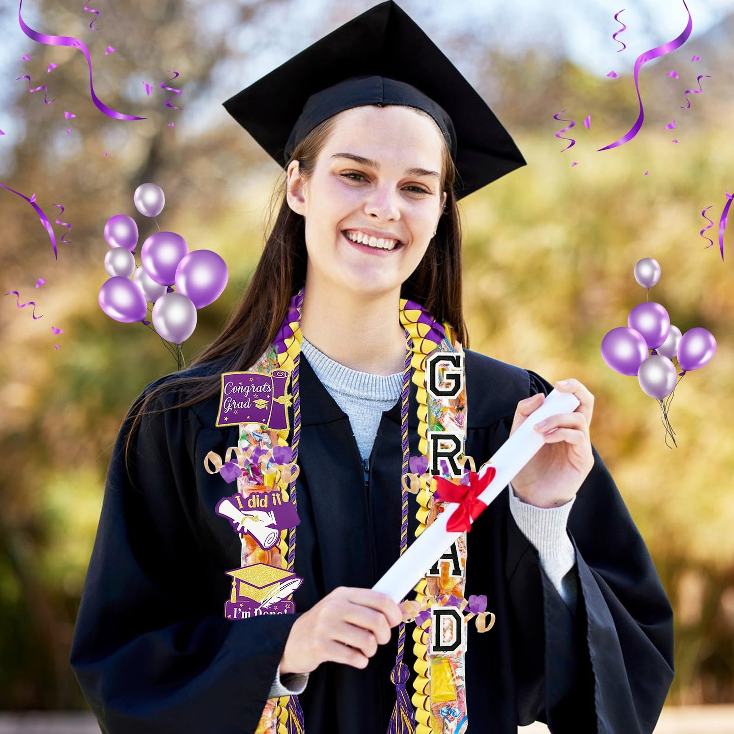 TKNOUS Graduation Ribbon Leis Kit, 10 Pcs Honor Cord, Purple Gold Candy Necklace, Class of 2025, Craft Supplies