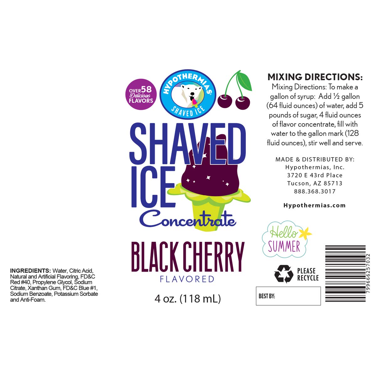 Hypothermias Shaved Ice Syrup - Unsweetened Black Cherry Concentrate - 4 Fl Oz - Makes 1 Gallon - Add Filtered Water and Sweetener
