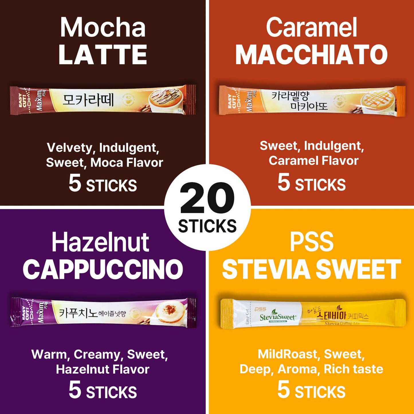 Cutie Mango Maxim Caf   & Stevia Variety 20 Sticks Premium Korean Style Instant Coffee Mix Sampler Cappuccino Hazelnut Mocha Lat