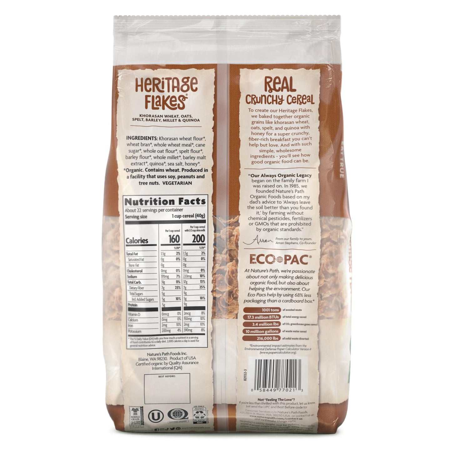 Nature'S Path Organic Heritage Flakes Cereal, 32 Oz (Pack Of 1), Non-Gmo, Earth Friendly Packaging