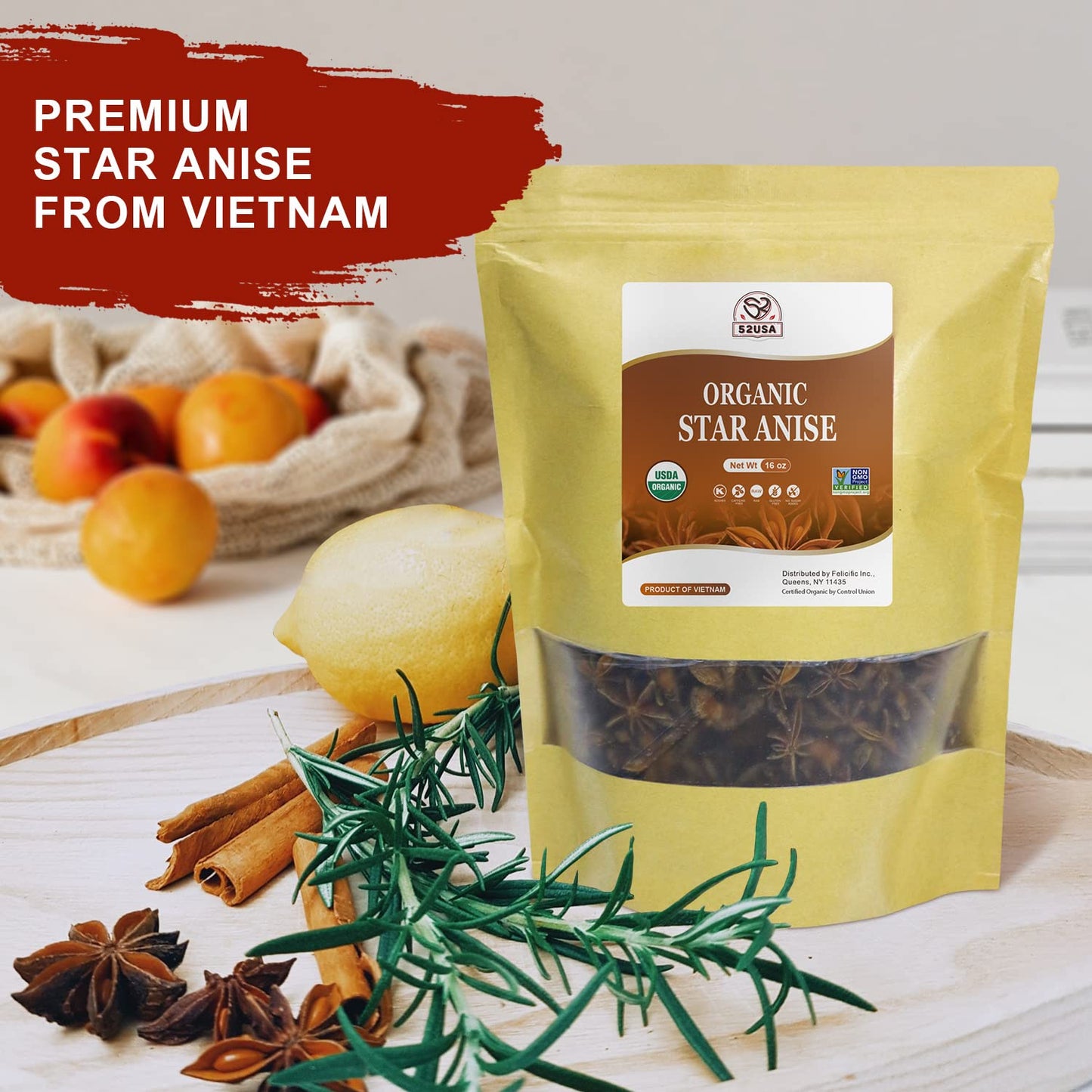 52USA Organic Star Anise, 16 Ounce (Pack of 1), NON-GMO Verified Chinese Star Anise Whole, Dried Star Anise Pods for Tea and bak
