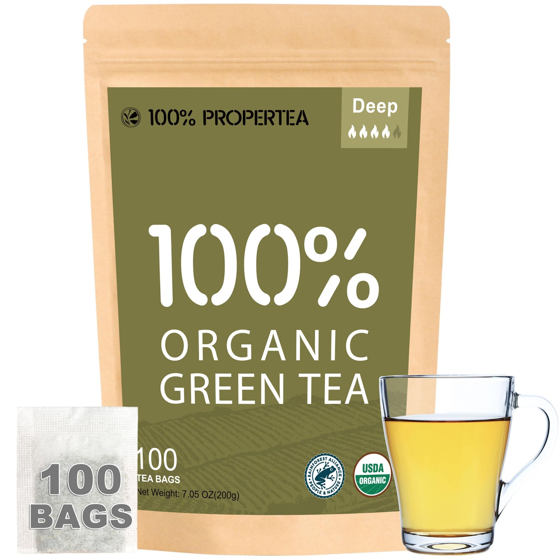 100% Propertea Organic Green Tea Bags, 100 Count Eco-Friendly Tea Bags, Deep Taste, Caffeinated, Rich In Antioxidants, Resealable Pouch