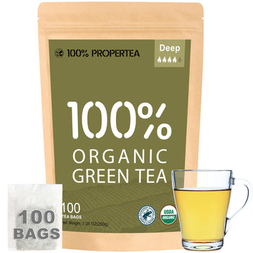 100% Propertea Organic Green Tea Bags, 100 Count Eco-Friendly Tea Bags, Deep Taste, Caffeinated, Rich In Antioxidants, Resealable Pouch
