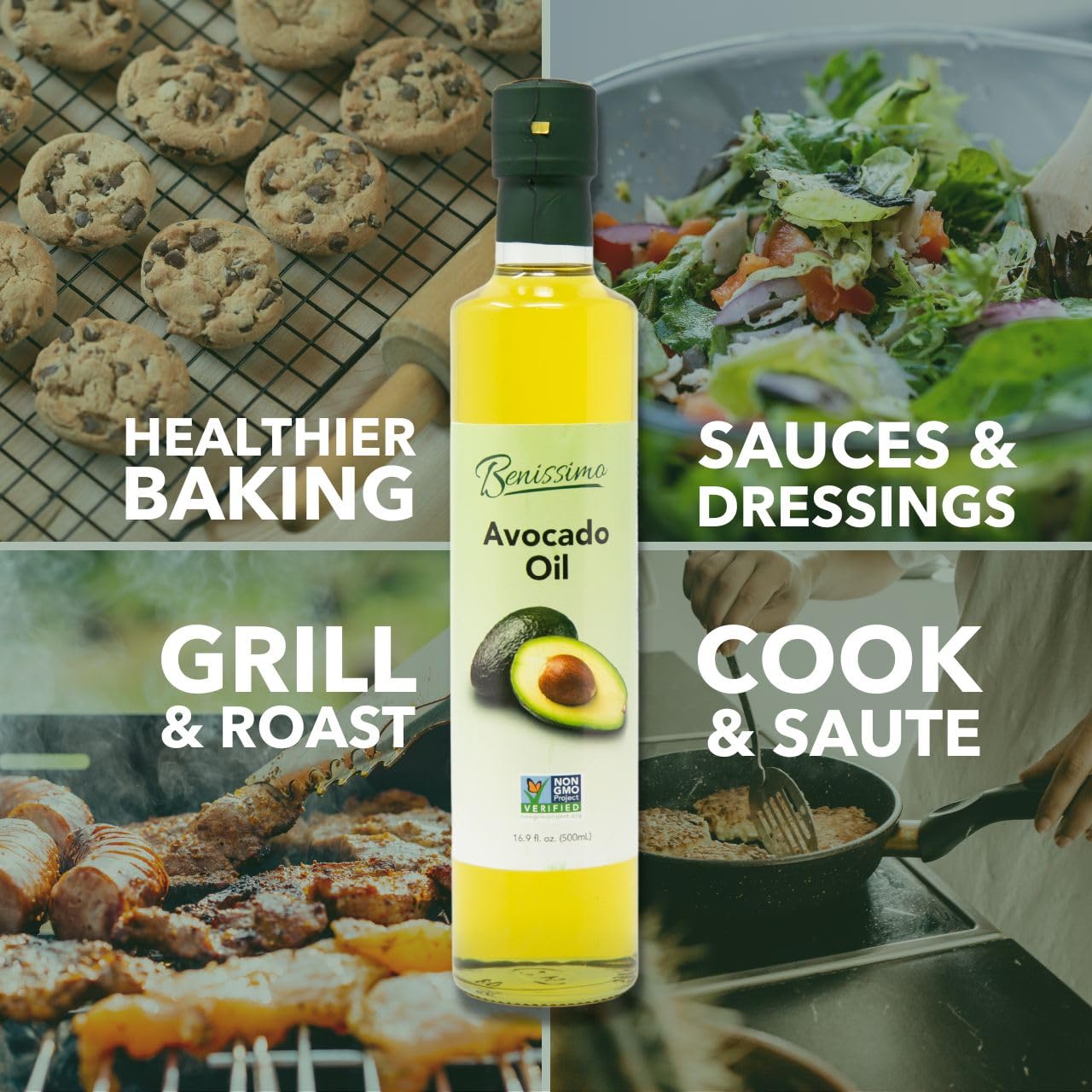 Benissimo 100% Pure Avocado Oil, Cold-Pressed Cooking Oil, 500ml Glass Bottle, Allergen-Free, Non-GMO