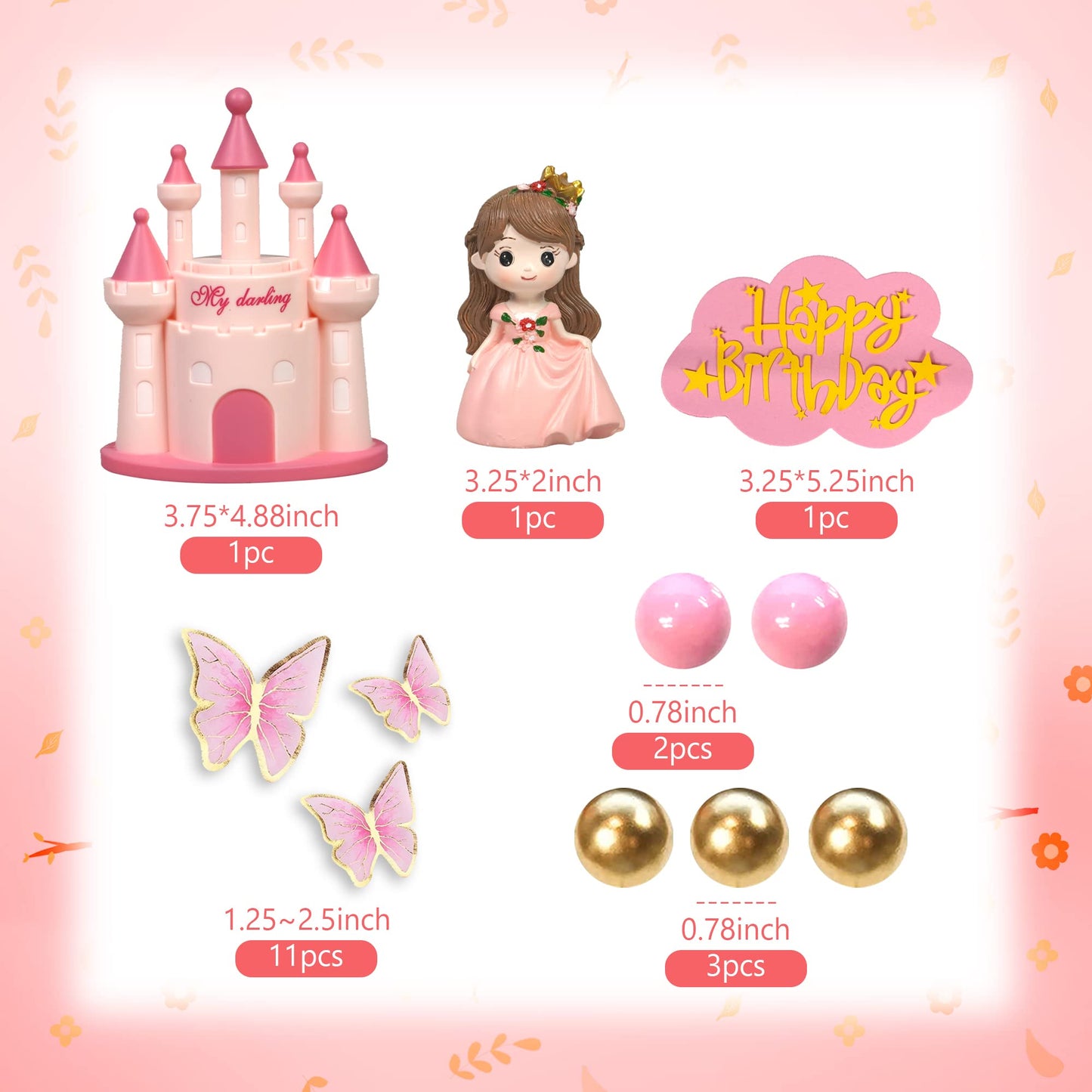 19 Pcs Princess Cake Topper Castle Cake Decoration With Butterflies And Balls For Girl Kid Happy Birthday Party Decorations Prin