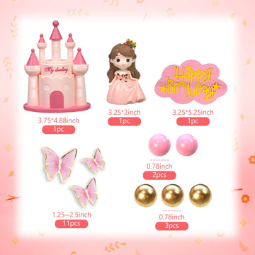 19 Pcs Princess Cake Topper Castle Cake Decoration With Butterflies And Balls For Girl Kid Happy Birthday Party Decorations Prin