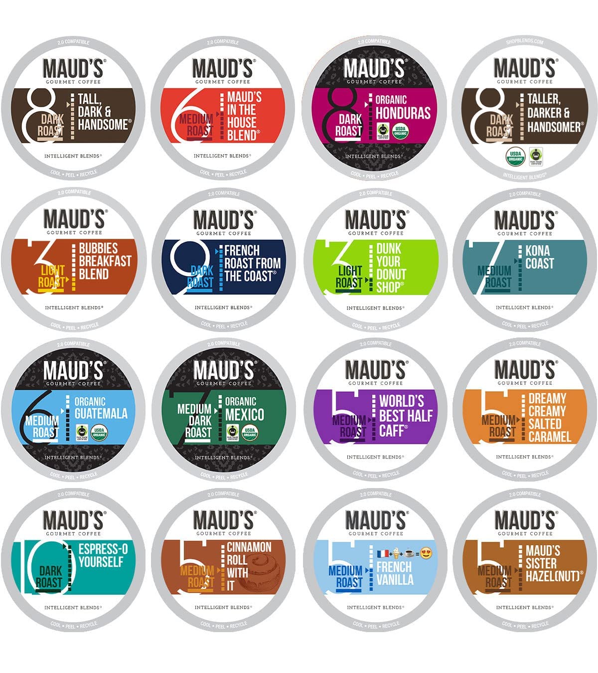Maud s Coffee Lovers Variety Pack Coffee Pods, 40 ct, 16 Assorted Flavors in Recyclable Single Serve Pods - 100% Arabica Beans,