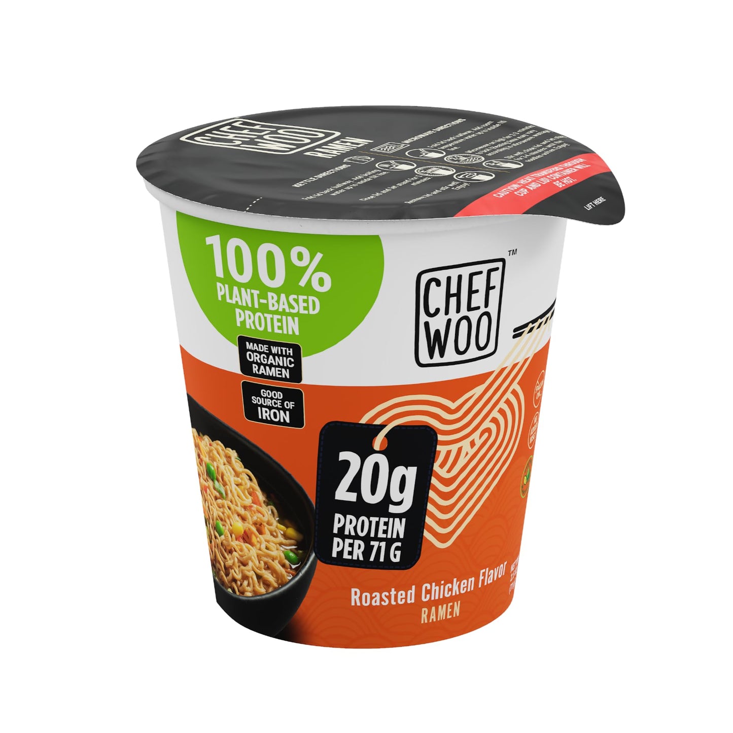 CHEF WOO Roasted Chicken Ramen Cup, High Protein Noodles, 20g Animal-Free Protein, 12 Pack, 2.5 oz Each, Made in U.S.