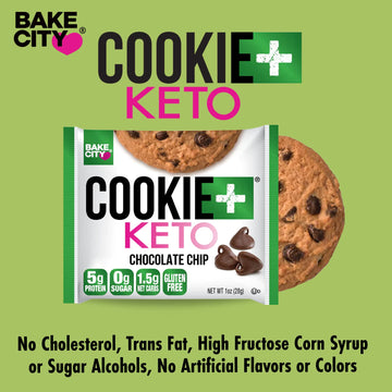 Bake City Cookie Plus Keto | 1Oz Chocolate Chip Cookies (12 Pack), Gluten Free, 0G Sugar, Only 1.5G Net Carbs, Good Fats, 5G Pro