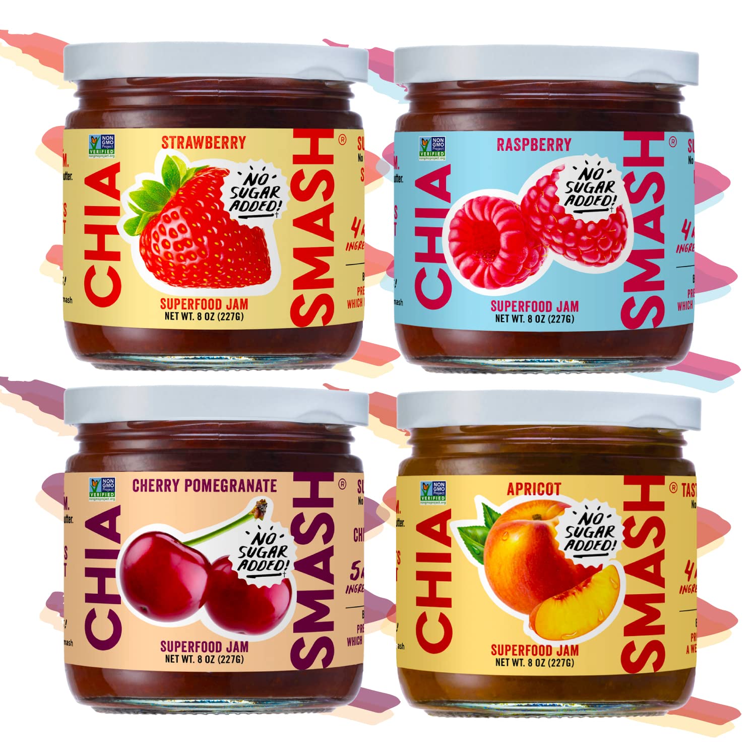 Chia Smash Jam, Variety Adventure 4-Pack | No Sugar Added, Naturally Sweet Jelly | Keto Friendly, Low Calorie, Low Carb | Non GM