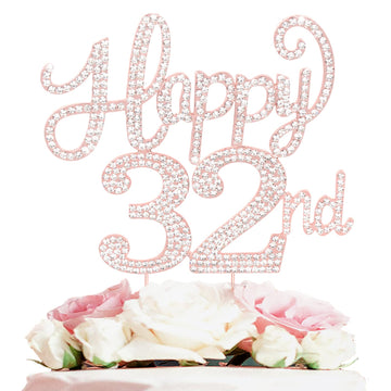 Happy 32Nd Birthday Rose Gold Rhinestone Cake Topper - 32Nd Birthdayanniversary,Cheers To 32 Years Old Bday Party Metal Sparkly