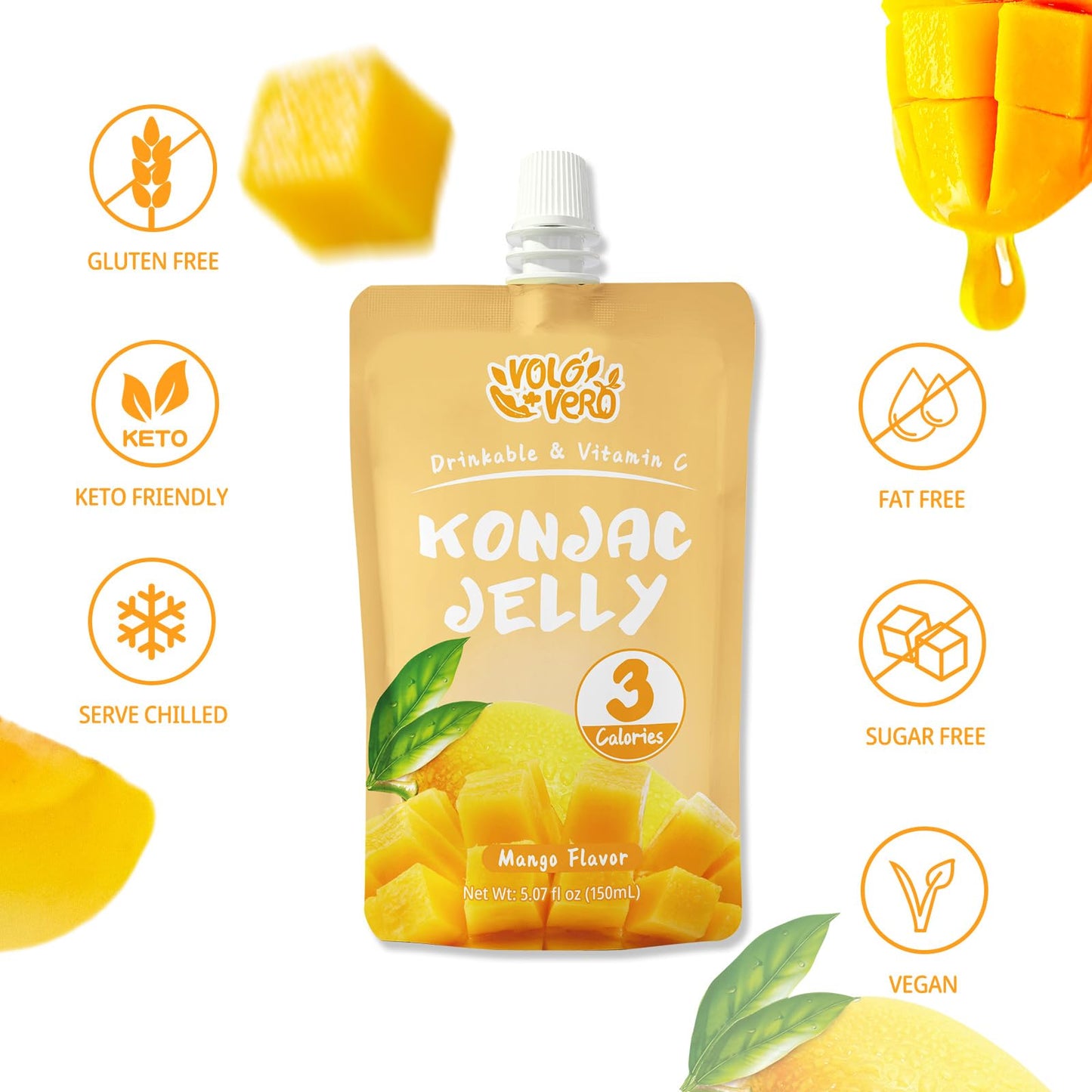 VOLO VERO Konjac Jelly Squeeze Pouch Mango Flavor, Low Calories (3 Kcal), 10 Packs, Gluten Free & Vegan, 0 Sugar, Keto, Low Carb