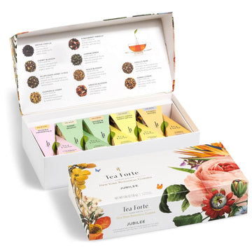 Tea Forte, Jubilee Petite Presentation Sampler Gift Box, Pyramid Infusers With Organic Loose Leaf, Green, Black, White, Herbal A