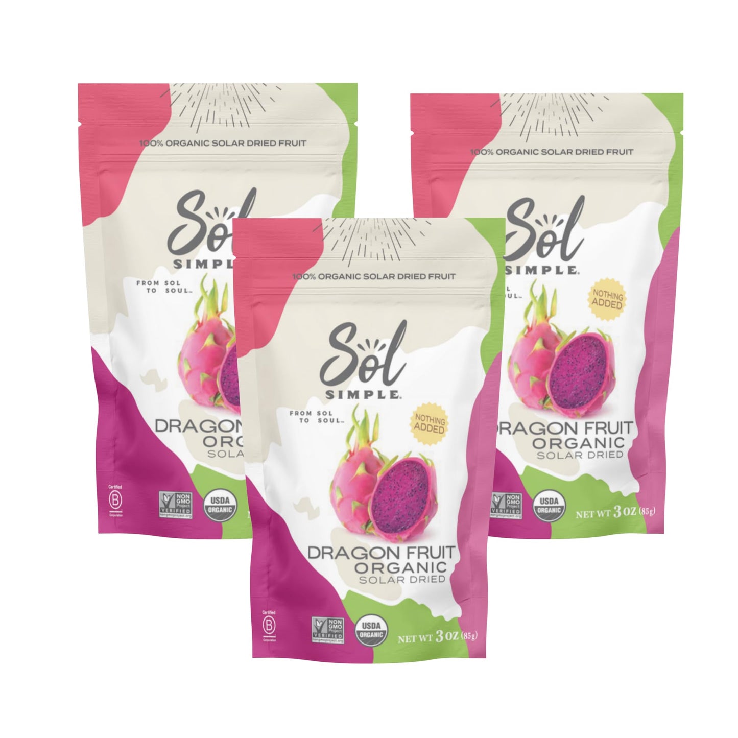 SOL SIMPLE Organic Dried Dragon Fruit | 3oz Snack Pack (3 Bags Total) | One Ingredient | Vegan | Non-GMO | No Added Sugar | Drie