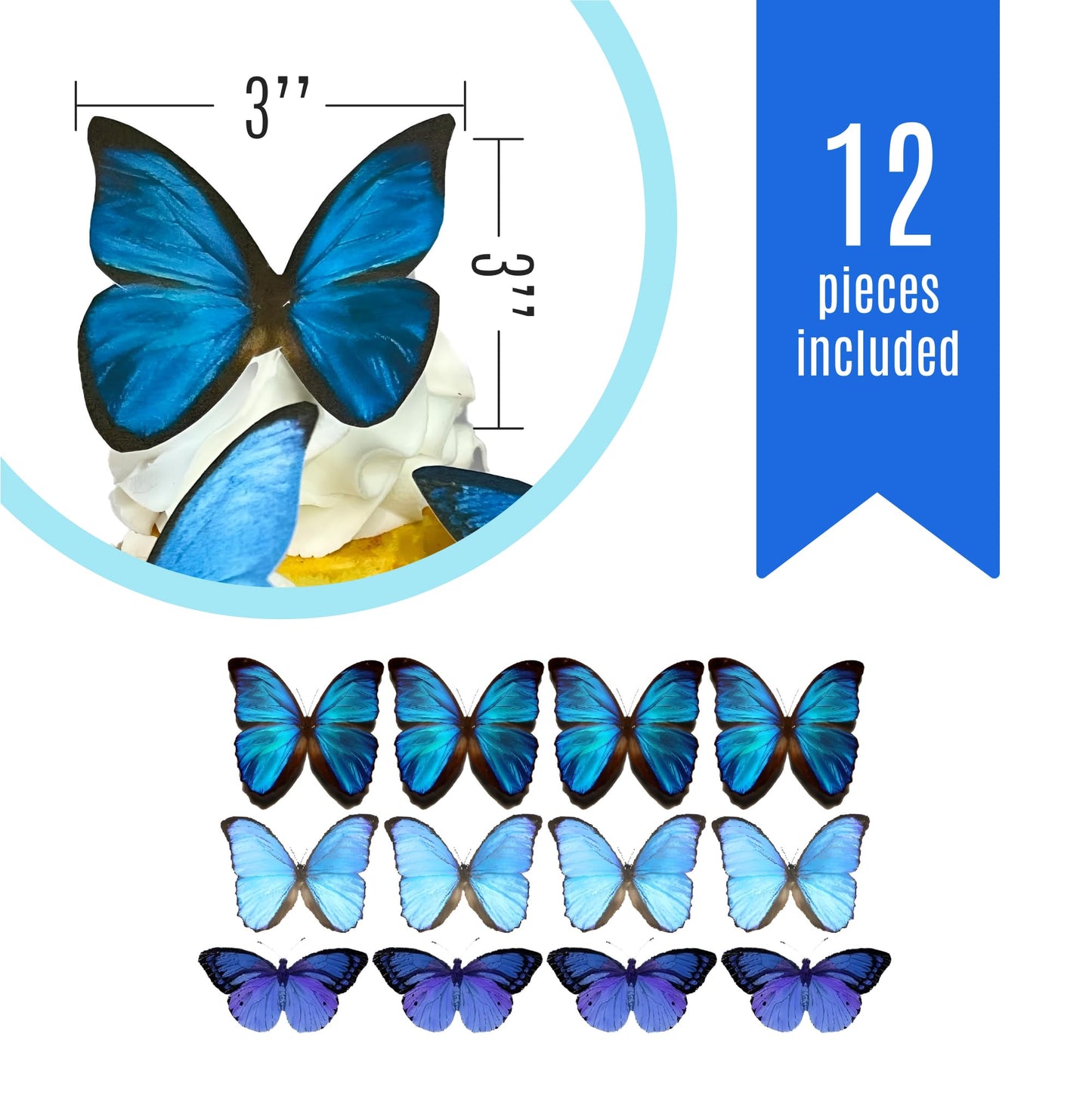 Sugar Robot Edible Butterflies - Large Cake Toppers, 3 inches, Blue, Premium Crafted, Made in the USA