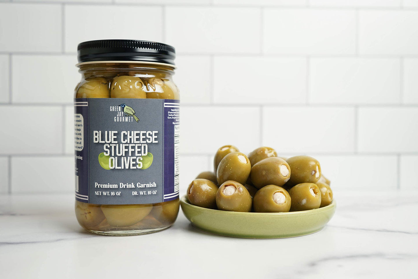 Green Jay Gourmet Blue Cheese Stuffed Olives - All Natural - 16 Ounces - Perfect for Cocktail Garnish & Cheese Board