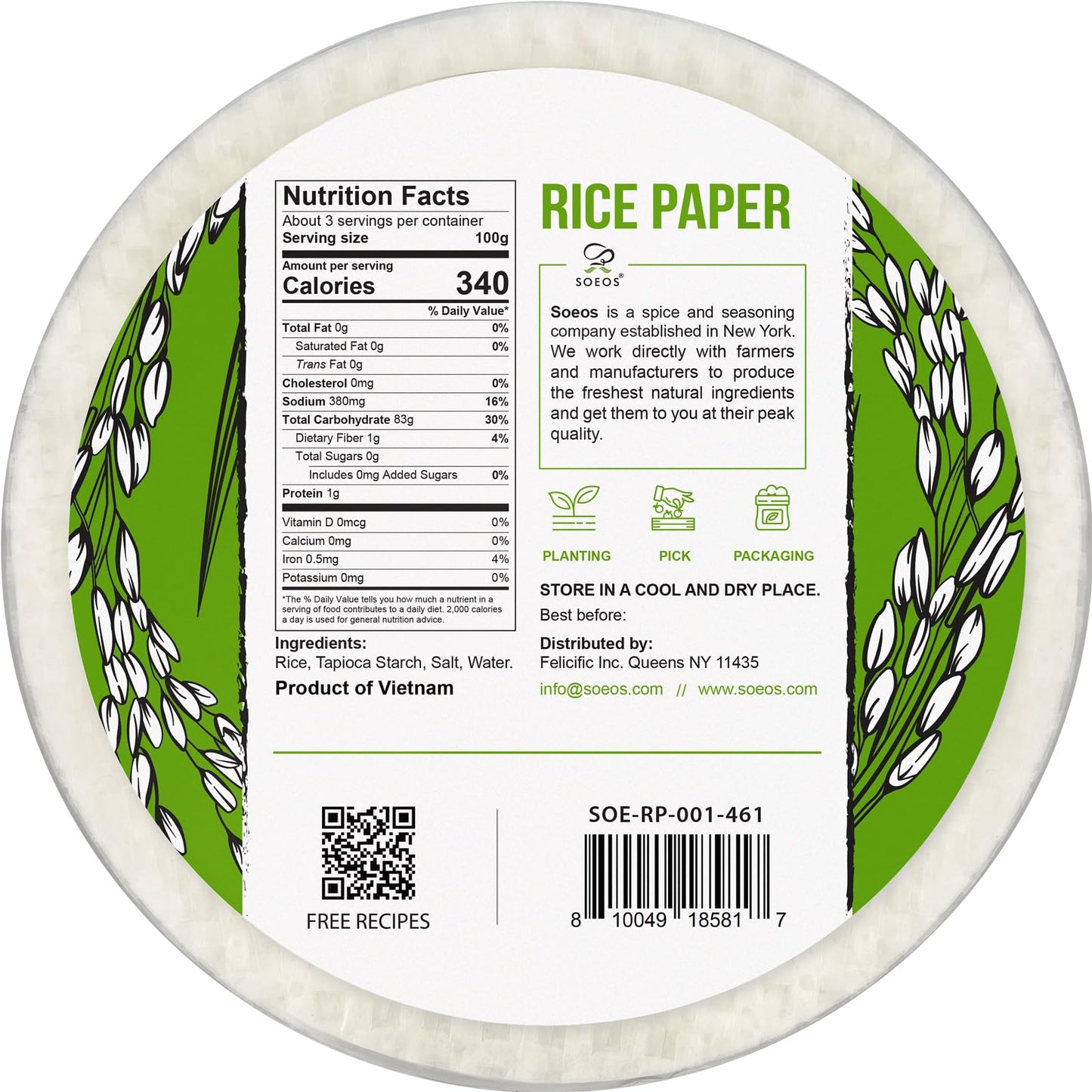 Soeos Rice Paper, White Rice Paper Wrappers, 1 Pack, 34 Sheets-Fresh Spring Roll Wrappers & Dumplings, Non-Gmo, Gluten-Free, Low Carb, Vietnamese Rice Wraps (Round, 22Cm)