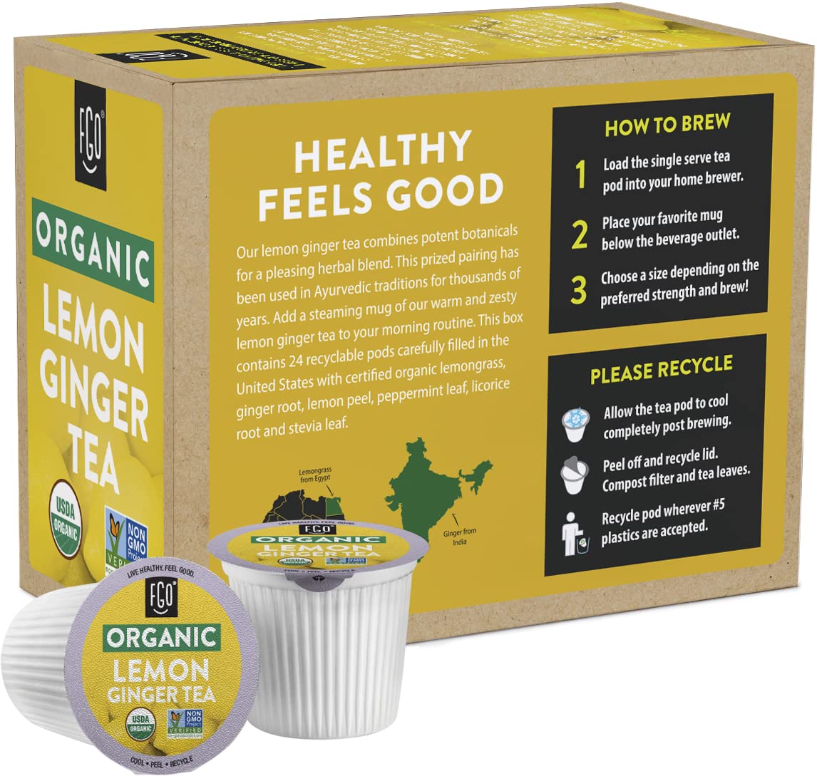FGO Organic Lemon Ginger Tea K-Cup Pods - Caffeine-Free, 24 Count, Keurig Compatible