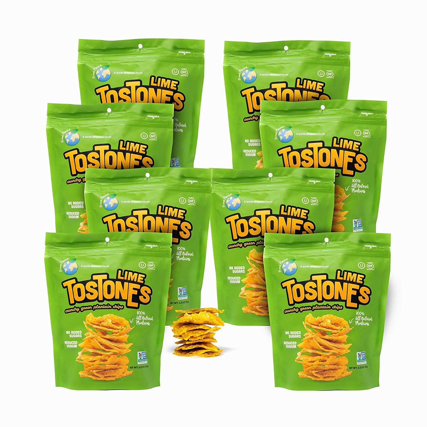 Prime Planet TOSTONES Green Plantain Chips, LIME Flavored, 3.53 Oz per Unit, Re-Sealable Bag, 8 Pack